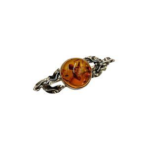 Vintage Sterling Silver Amber Brooch Genuine Baltic Amber Brutalist Leaf Style